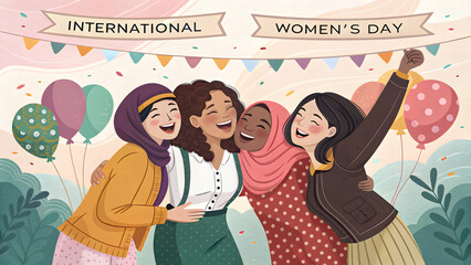 An illustration of four women from different ethnic backgrounds joyfully celebrating International Women's Day together