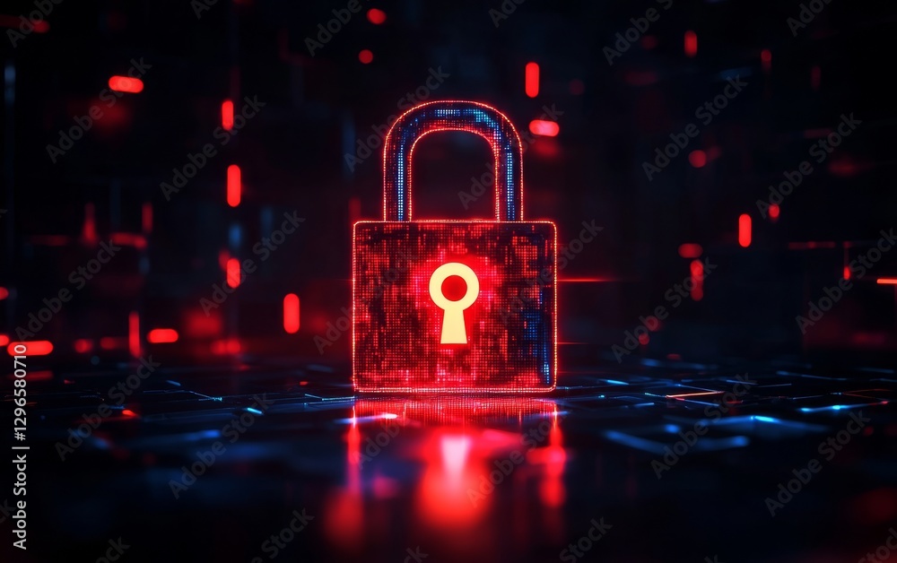 Poster a glowing digital padlock with a keyhole, set against a backdrop of flowing binary code, symbolizes 