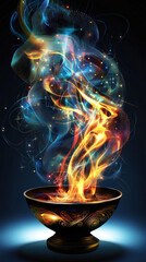 A vibrant, swirling flame emanates from a decorative bowl, creating an enchanting mix of colors against a dark background.