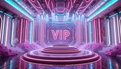 Obraz premium Futuristic Stage Design with Illuminated VIP Sign and Neon Lights for Exclusive Events and Parties