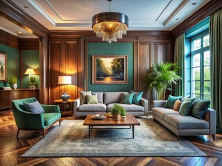 Fototapeta premium Luxurious Villa Living Room: Modern Furniture, Wooden Skirting, Muted Palette