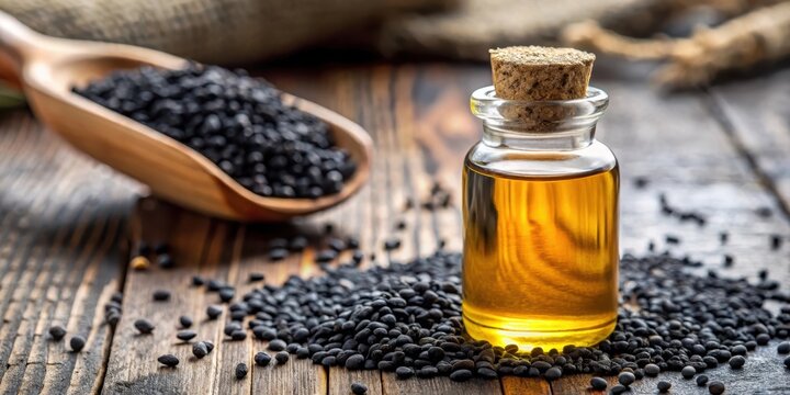 Close-up of black cumin oil bottle on table with selective focus , spice oil, home remedies