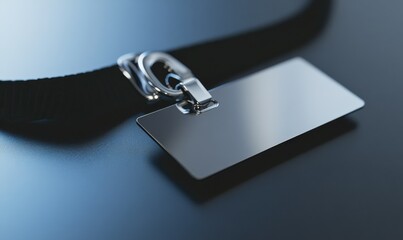 Silver name badge attached to a sleek black lanyard, symbolizing professionalism at corporate events.