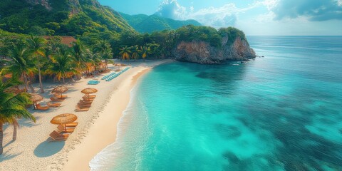 Fototapeta premium realistic photograph bird eye view high angle of the beach which have sand beach, coast , chair and umbrella with coconut tree
