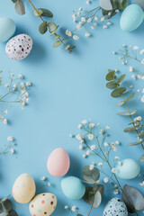 Obraz premium Easter Flat Lay with White Eggs and Flowers on Blue Background
