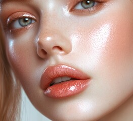 Fototapeta premium Close-up of a beautiful woman's face with smooth, clear skin, minimal makeup, glossy lips, high-resolution photography, soft lighting, beauty magazine cover