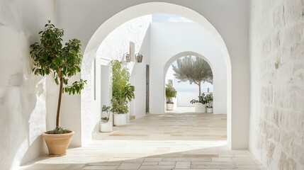 Fototapeta premium A pure white archway leading into a sunlit space