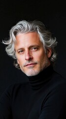 Obraz premium A man with a gray beard and gray hair is wearing a black shirt