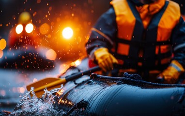 A person in a bright life jacket paddles a kayak in dark, rainy conditions with glowing lights in the background, creating a dramatic, adventurous atmosphere.