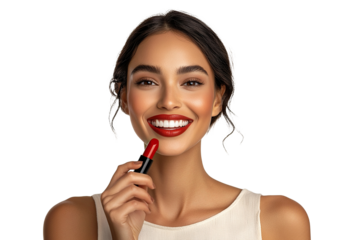 Beautiful smiling woman applying red lipstick, isolated on transparent cutout background