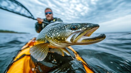 Obraz premium Caucasian male adult kayak fishing adventure with pike catch in open water.