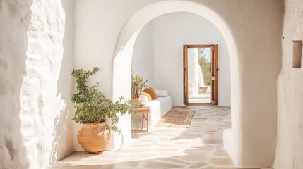 A pure white archway leading into a sunlit space