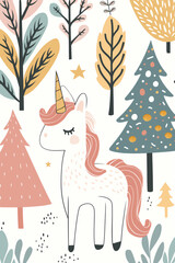 A hand-drawn illustration of a pastel-colored unicorn surrounded by stylized trees and stars. Concept of fantasy, magic, and children’s fairytale.