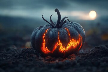 A mysterious black tomato growing in a haunted garden under a full moon, glowing with eerie red veins