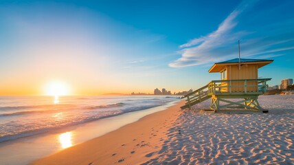Obraz premium Golden Sunrise Over a Serene Beach with Lifeguard Hut