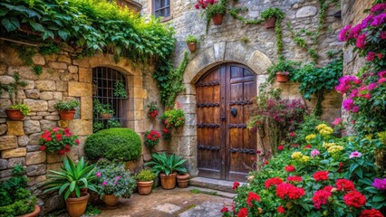 Ancient stone walls surrounded by lush greenery and vibrant flowers in a rustic old courtyard with worn wooden doors and ornate ironwork, rustic, old-world