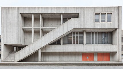 Fototapeta premium Concrete school exterior, stairs, city, overcast