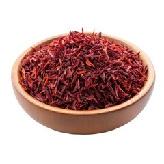 Fototapeta premium Vibrant red spice in a bowl, aromatic saffron strands on a wooden surface, ideal for culinary presentations and recipes. Isolated on white background or PNG