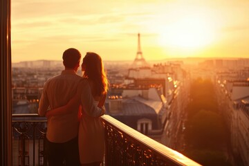 A romantic couple embracing on a balcony overlooking Paris during a golden sunset.