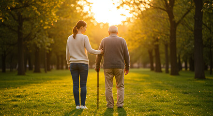 A woman helping an elderly person walk in a park, symbolizing caregiving and compassion