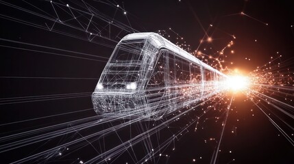 Abstract Modern Train Wireframe with Futuristic Connection Lines and Light
