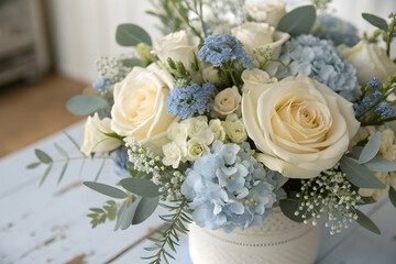 Fototapeta premium Dusty blue and ivory floral composition
