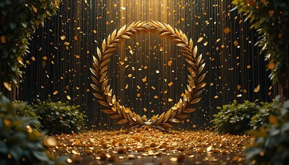 Elegant Gold Laurel Wreath Surrounded by Sparkling Confetti in a Mystic Atmosphere