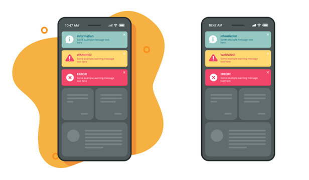 Notifications ui interface push window messages for mobile cell phone app vector graphic, ux reminder pop up notices element on smartphone cellphone, info warning caution error alerts screen layout
