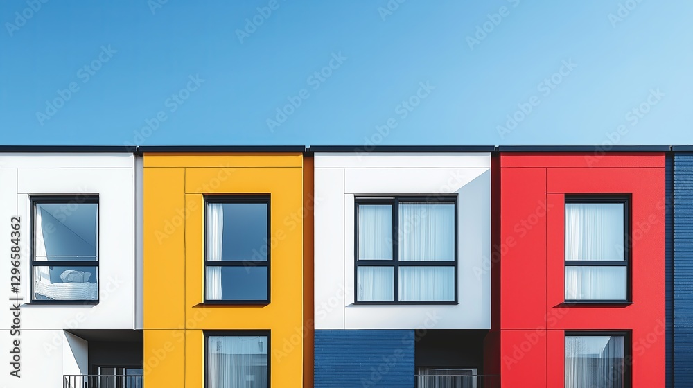 Poster A row of identical minimalist houses, except one in a bold color