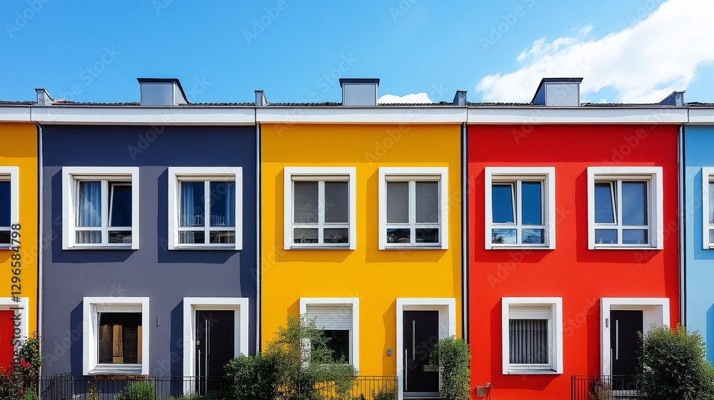 Aufkleber a row of identical minimalist houses, except one in a bold color