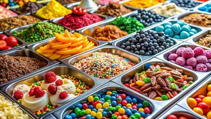 Macro Close-up of Colorful Frozen Yogurt Toppings Bar - Sprinkles, Fruit, and Chocolate