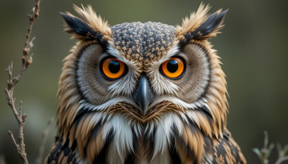 Obraz premium Close-up of an owl showcasing detailed feathers and intense orange eyes
