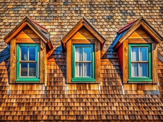 Obraz premium Macro Close-up of Four Dormer Windows on a Rustic Wood and Shingle Roof