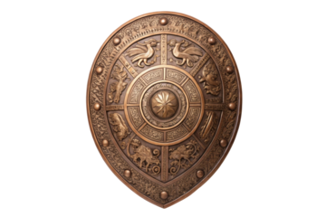 Decorative shield design featuring intricate engravings and mythical creatures for thematic display or historical appreciation, cut out