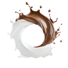 Chocolate swirl splash, rich dark chocolate flowing in a circular motion against a white backdrop, perfect for dessert themes. Isolated on white background or PNG