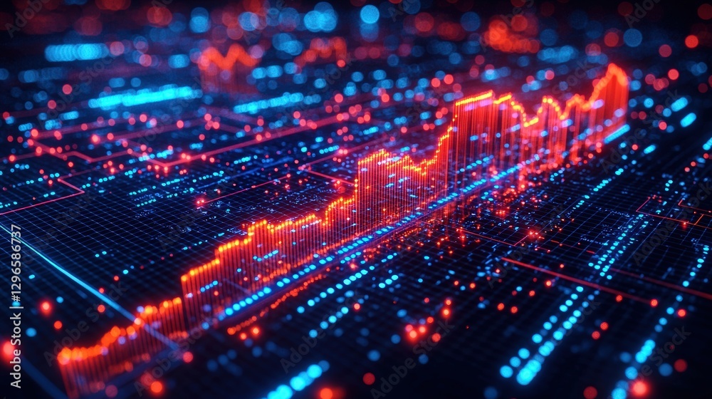Poster computer screen displaying vibrant red and blue abstract pattern in a modern digital workspace