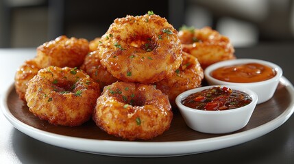 Crispy onion rings, dips, restaurant, close-up