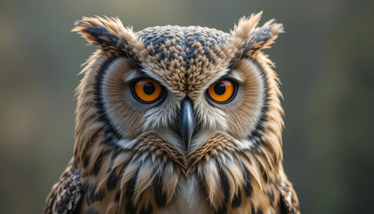 Close-up of an owl with piercing eyes and detailed feather patterns