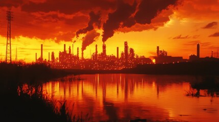 Naklejka premium An industrial factory emitting smoke against a dramatic red sunset, symbolizing pollution.