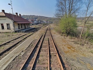 Obraz premium Abandoned railway station tracks, countryside background