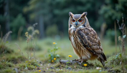 Obraz premium Owl standing on grass amidst flowers in a forest setting, looking alert