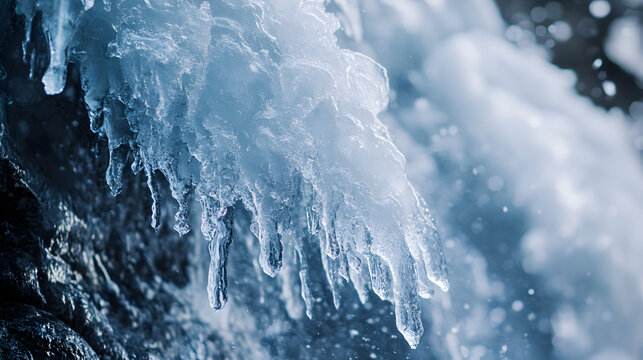 waterfall, with the water caught in mid-flow, solidified into crystal-like structures 
