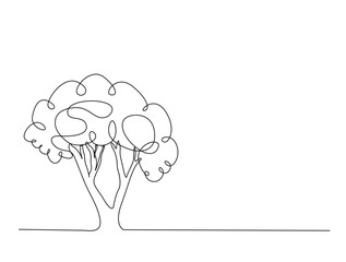 Continuous one line drawing of tree with the roots. Tree for green nature concept in single line draw illustration. Editable stroke.