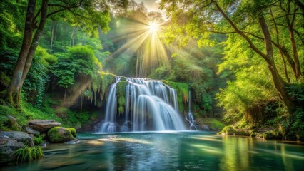 Obraz premium Waterfall in dense forest, greenery all around, sunlight filtering through, greenery