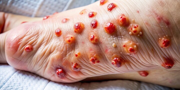 Macro Close-up: Soothing Itchy, Blistered Foot After Fire Ant Bites with Cream