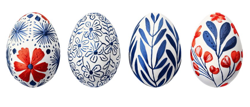 Png of Elegant Hand-Painted Floral Easter Eggs – Red and Blue Decorative Designs on transparent background.