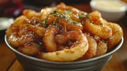 Crispy onion rings, sauce, wood table, pub
