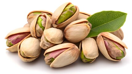 Closeup of Fresh Pistachios with Leaf Isolated on White Background for Healthy Snacking