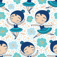 Seamless Ballet Pattern Cute Ballerina and Floral Design