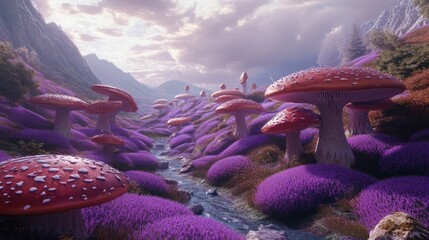 Fantasy Land with Rolling Lavender Hills and Vibrant Mushrooms By Generated AI